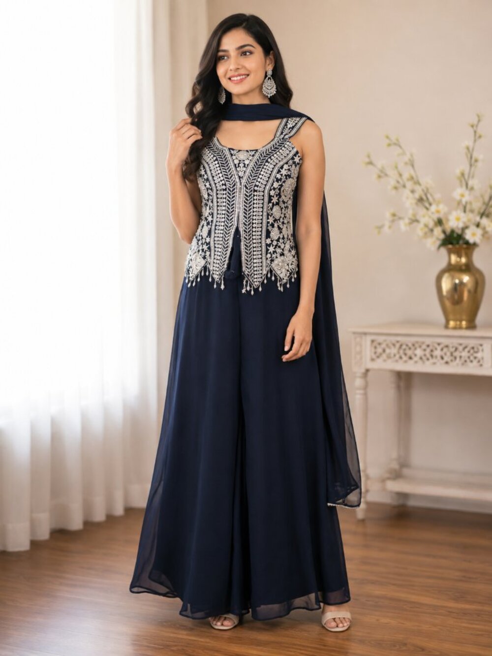 Girl's Navy Blue Embroidered Palazzo Suit Set | Indian Ethnic Wear